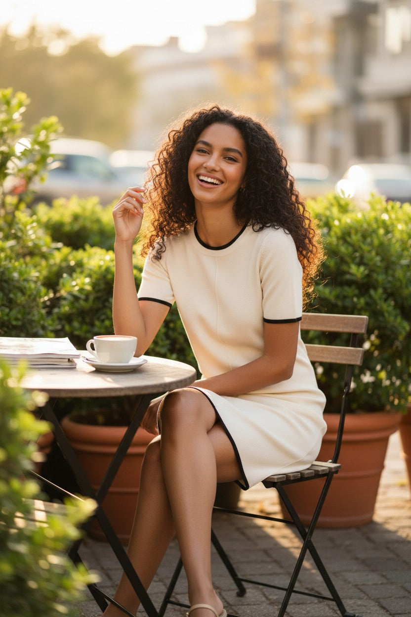 Knit Short Sleeve Dress with Contrast Trim