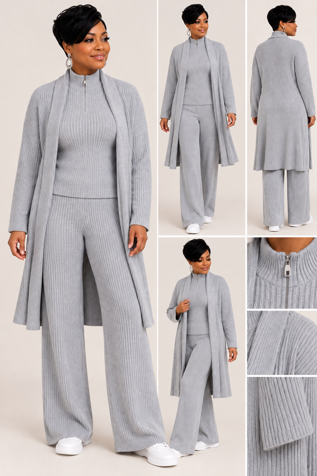 Luxe Three-Piece Ribbed Cardigan Set